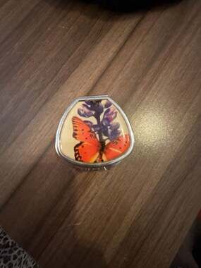 Vintage Butterfly And Purple Flower Decorative Pill Box Or Trinket